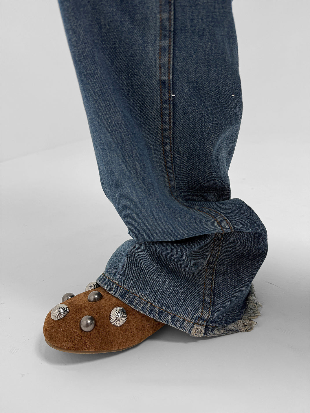 Brown Crystal-Stud Suede Ballet Flats