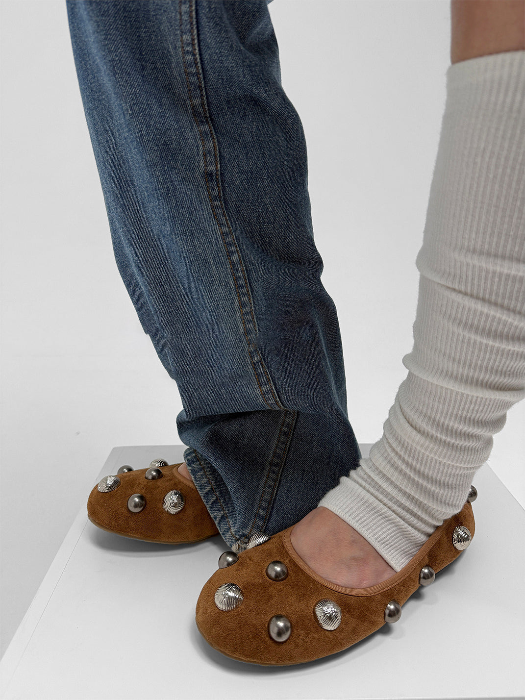 Brown Crystal-Stud Suede Ballet Flats