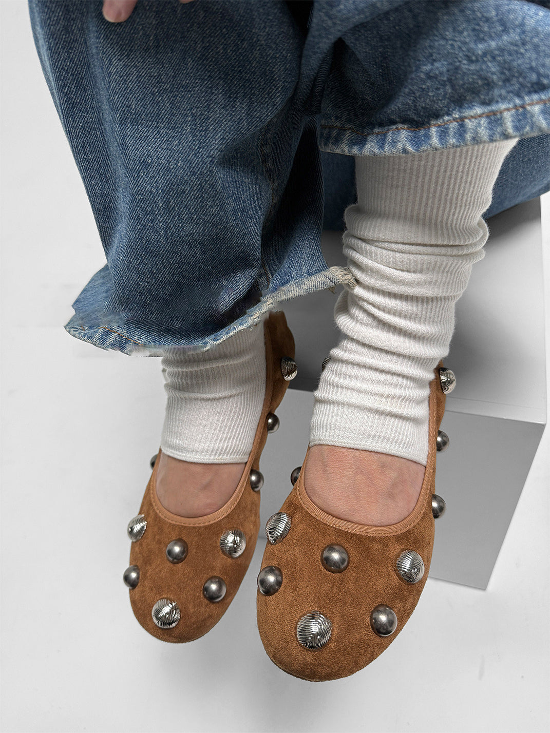 Brown Crystal-Stud Suede Ballet Flats
