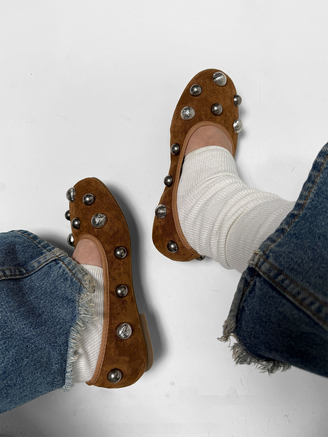Brown Crystal-Stud Suede Ballet Flats