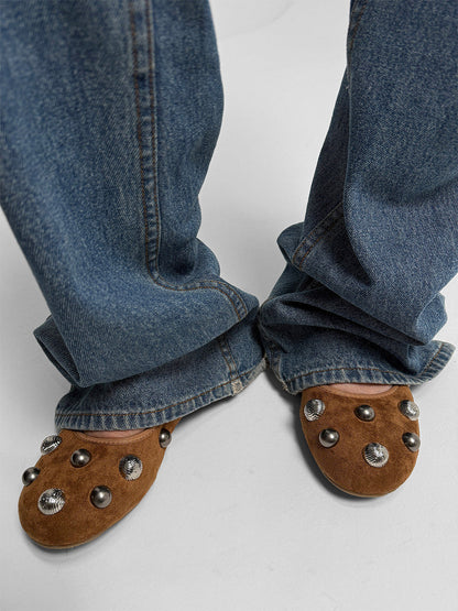 Brown Crystal-Stud Suede Ballet Flats