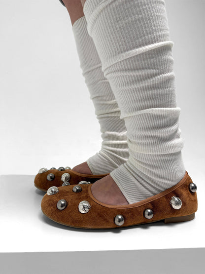 Brown Crystal-Stud Suede Ballet Flats