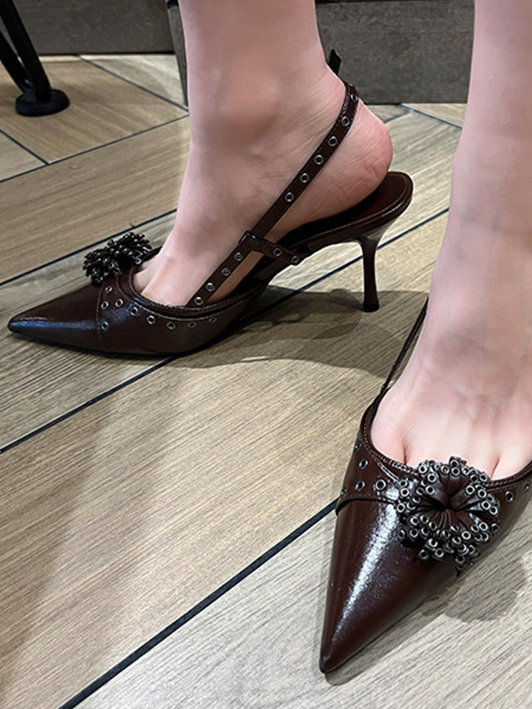 Brown Floral Pointed-Toe Slingback Heels