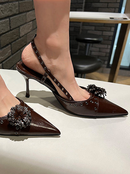 Brown Floral Pointed-Toe Slingback Heels