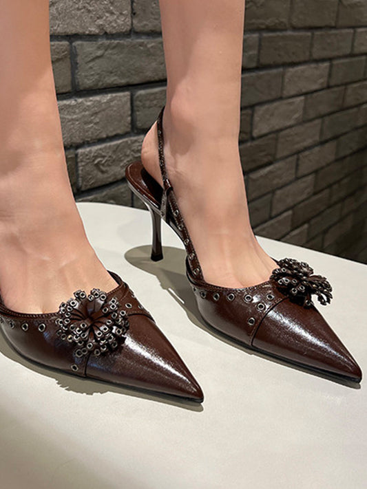 Brown Floral Pointed-Toe Slingback Heels