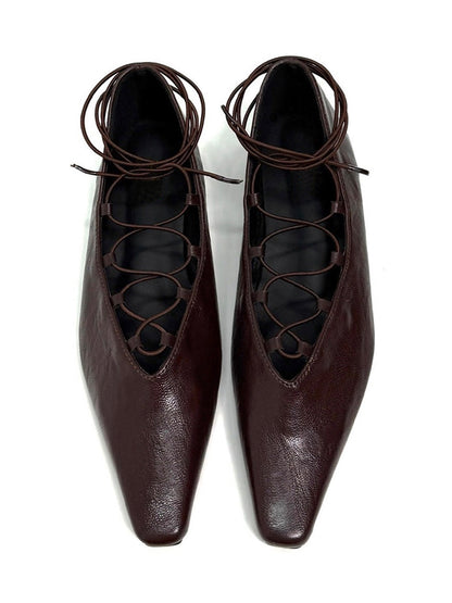 Brown Lace-Up Mary Jane Ballet Flats