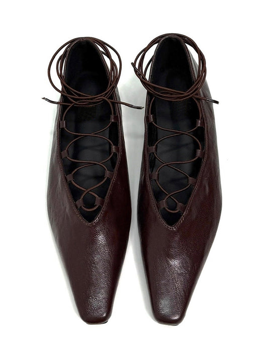 Brown Lace-Up Mary Jane Ballet Flats