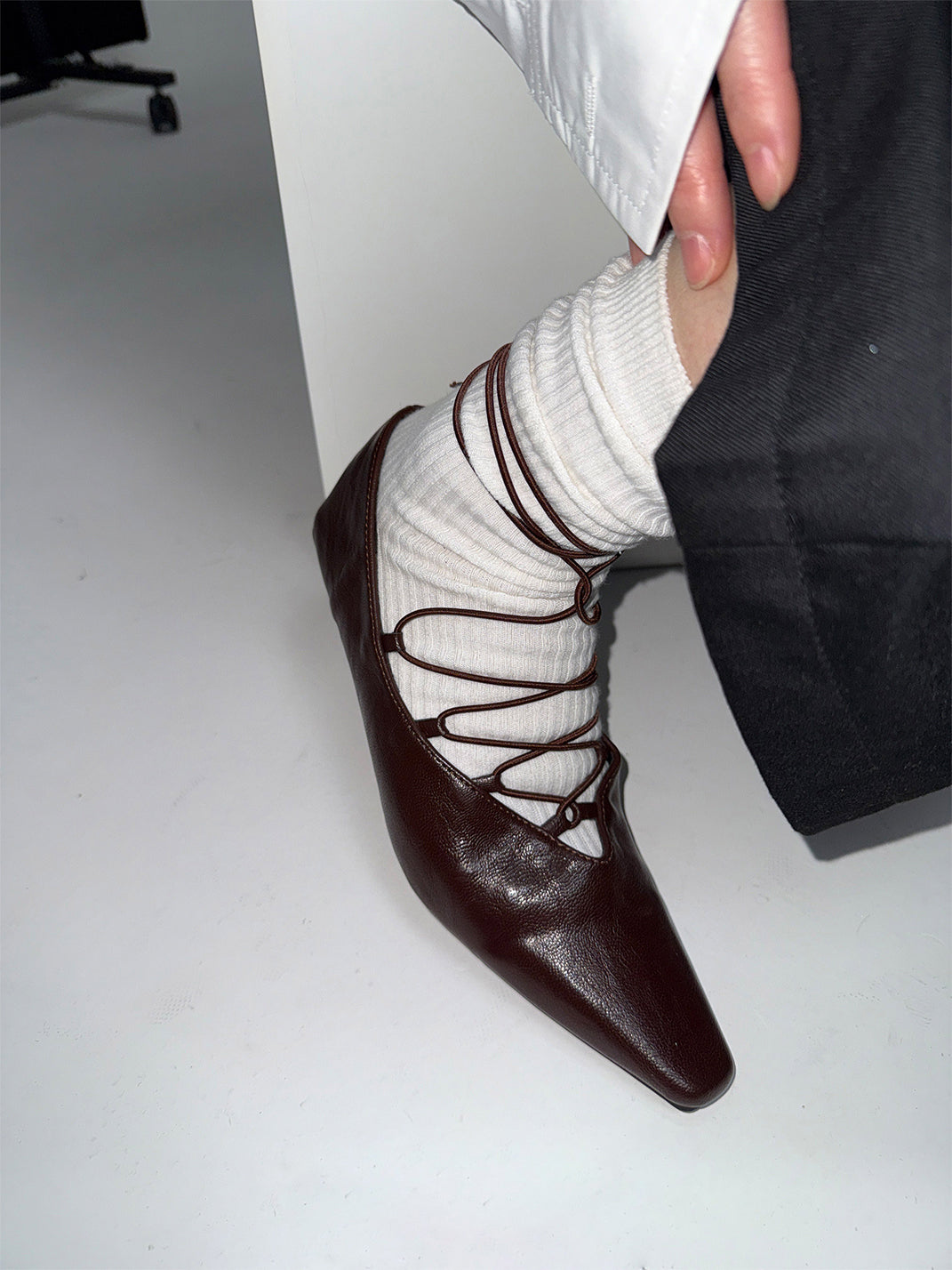 Brown Lace-Up Mary Jane Ballet Flats