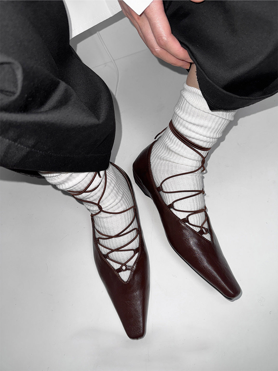 Brown Lace-Up Mary Jane Ballet Flats