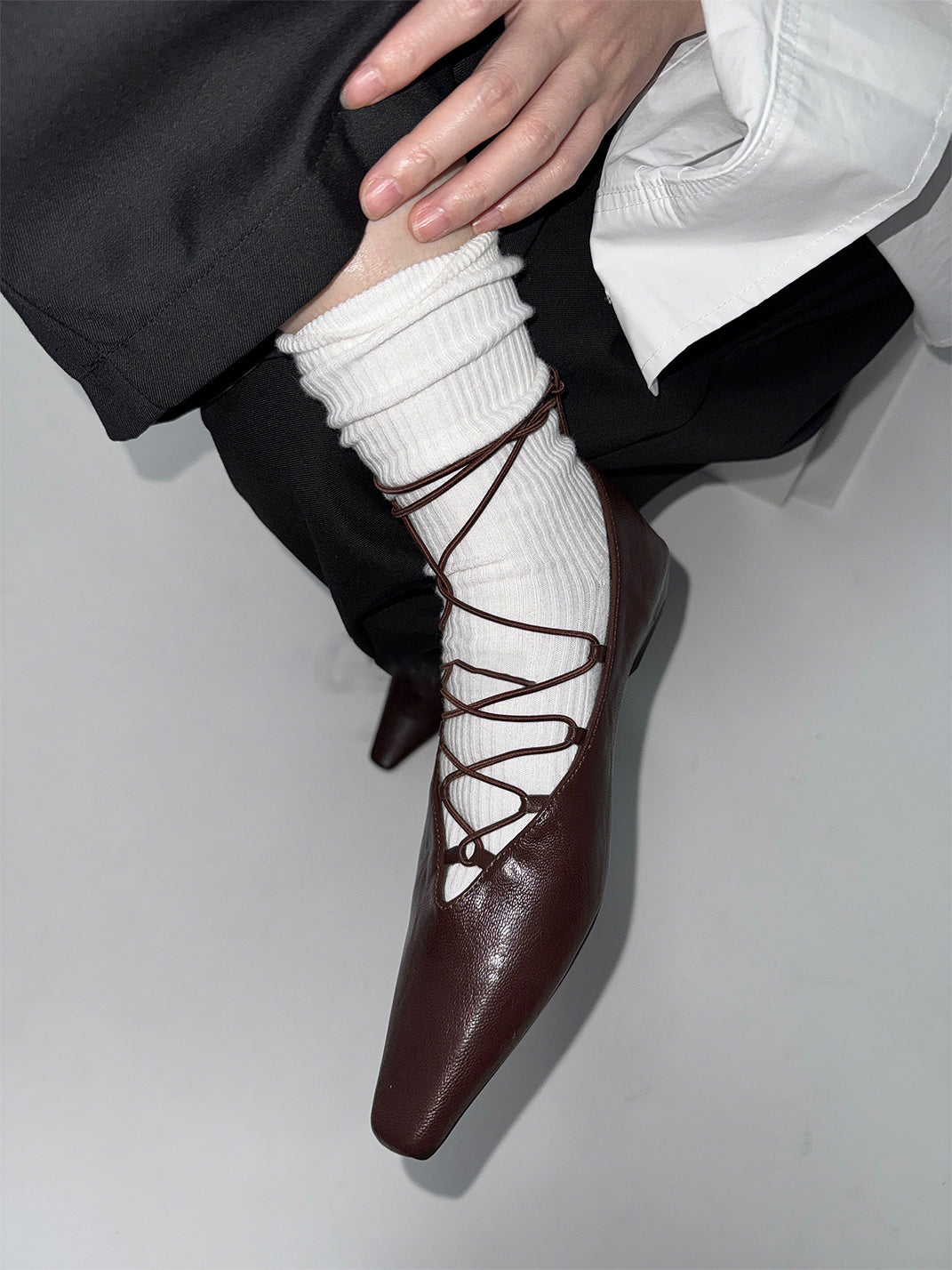 Brown Lace-Up Mary Jane Ballet Flats