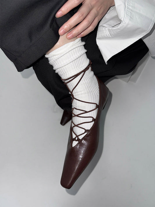 Brown Lace-Up Mary Jane Ballet Flats