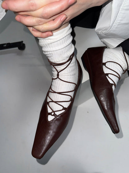 Brown Lace-Up Mary Jane Ballet Flats