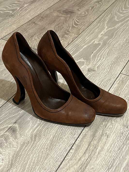 Brown Sculpted-Heel Round-Toe Pumps
