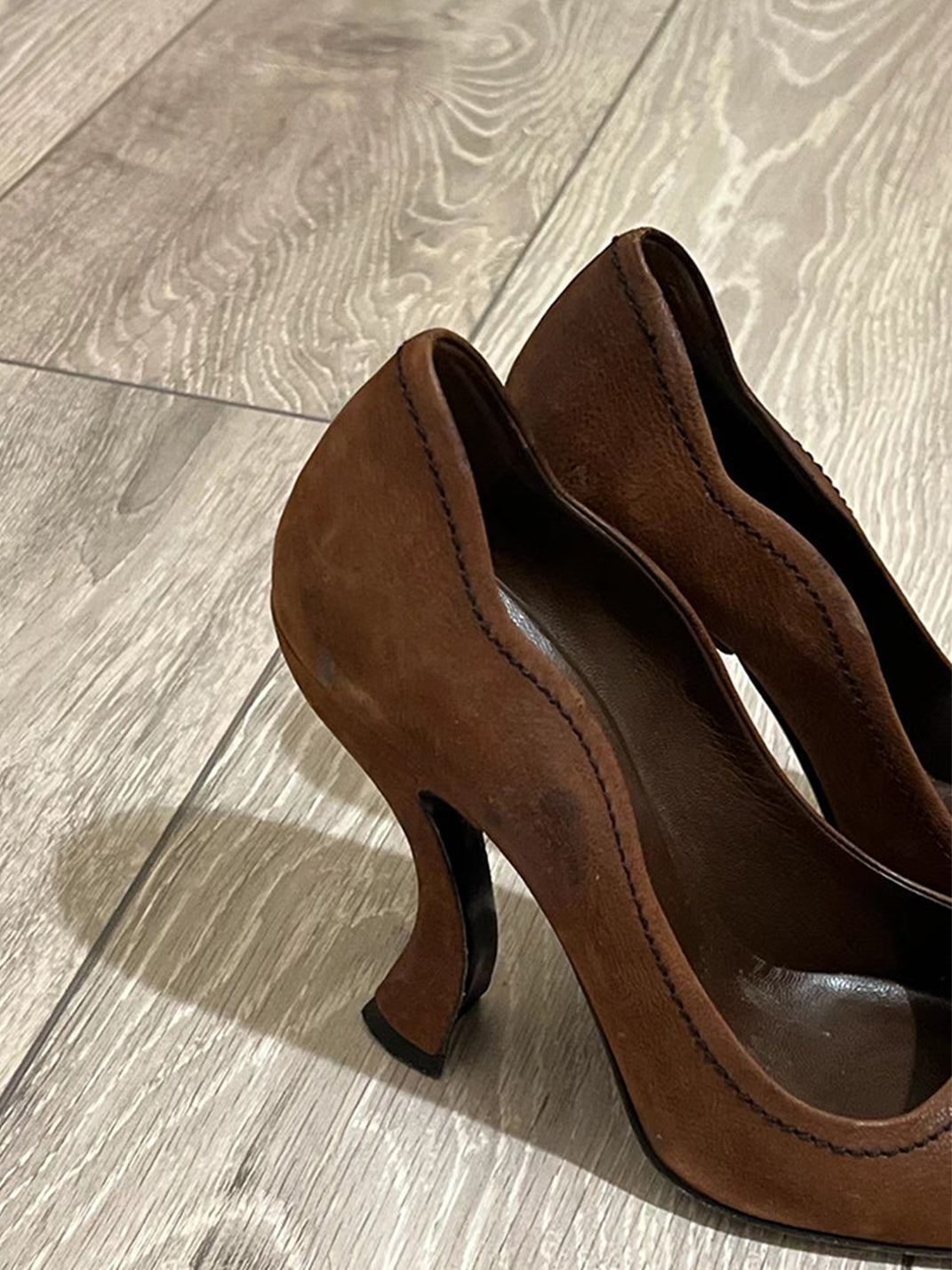 Brown Sculpted-Heel Round-Toe Pumps