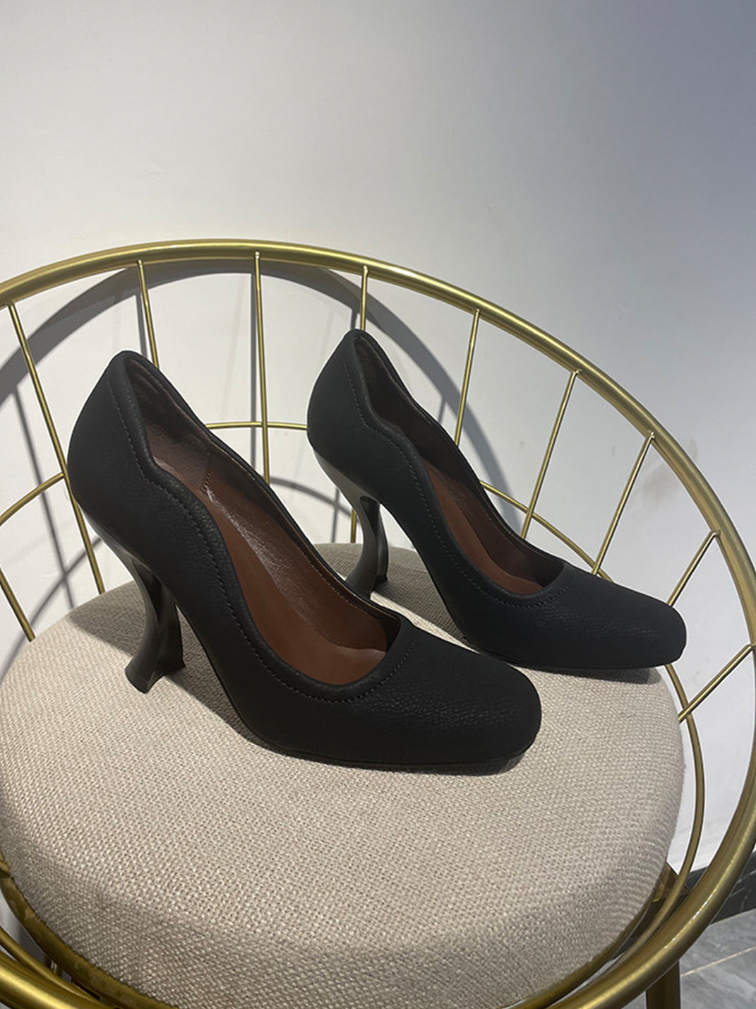Brown Sculpted-Heel Round-Toe Pumps