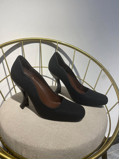 Brown Sculpted-Heel Round-Toe Pumps