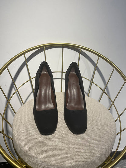 Brown Sculpted-Heel Round-Toe Pumps