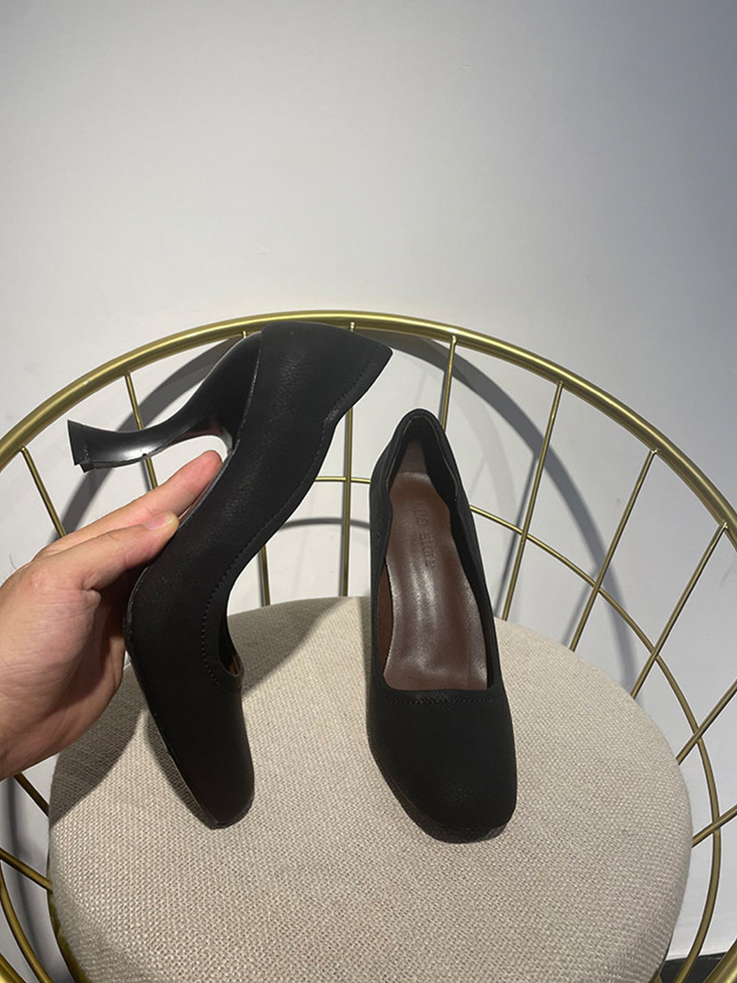 Brown Sculpted-Heel Round-Toe Pumps