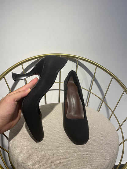Brown Sculpted-Heel Round-Toe Pumps