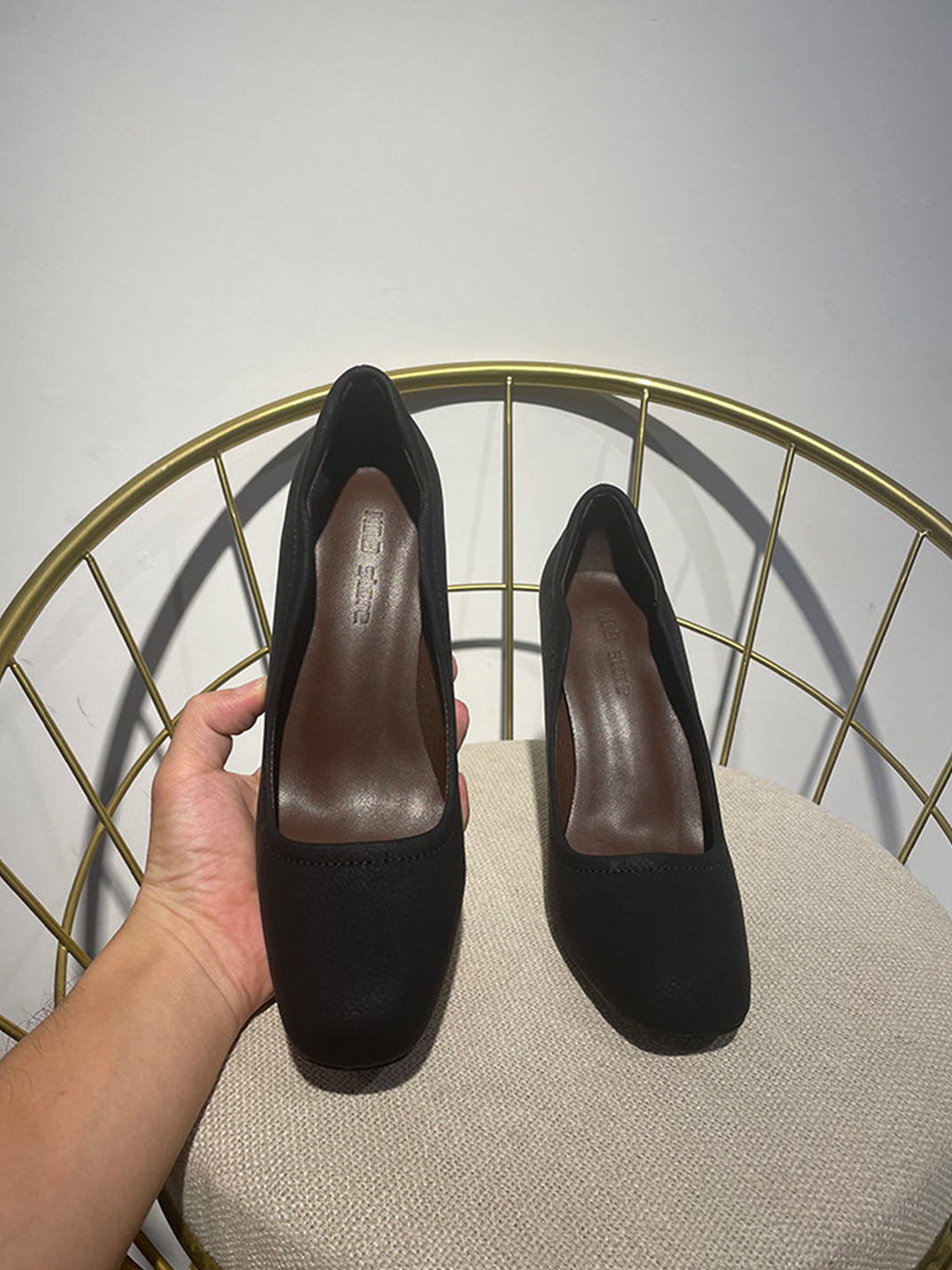 Brown Sculpted-Heel Round-Toe Pumps