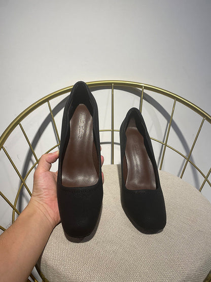 Brown Sculpted-Heel Round-Toe Pumps