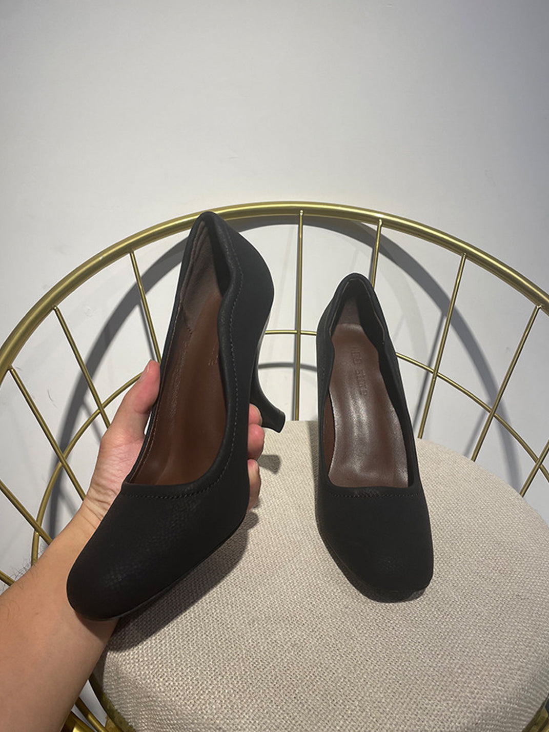 Brown Sculpted-Heel Round-Toe Pumps