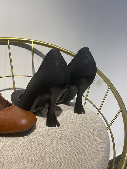 Brown Sculpted-Heel Round-Toe Pumps