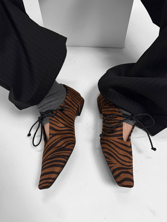 Brown Zebra-Print Lace-Up Loafers