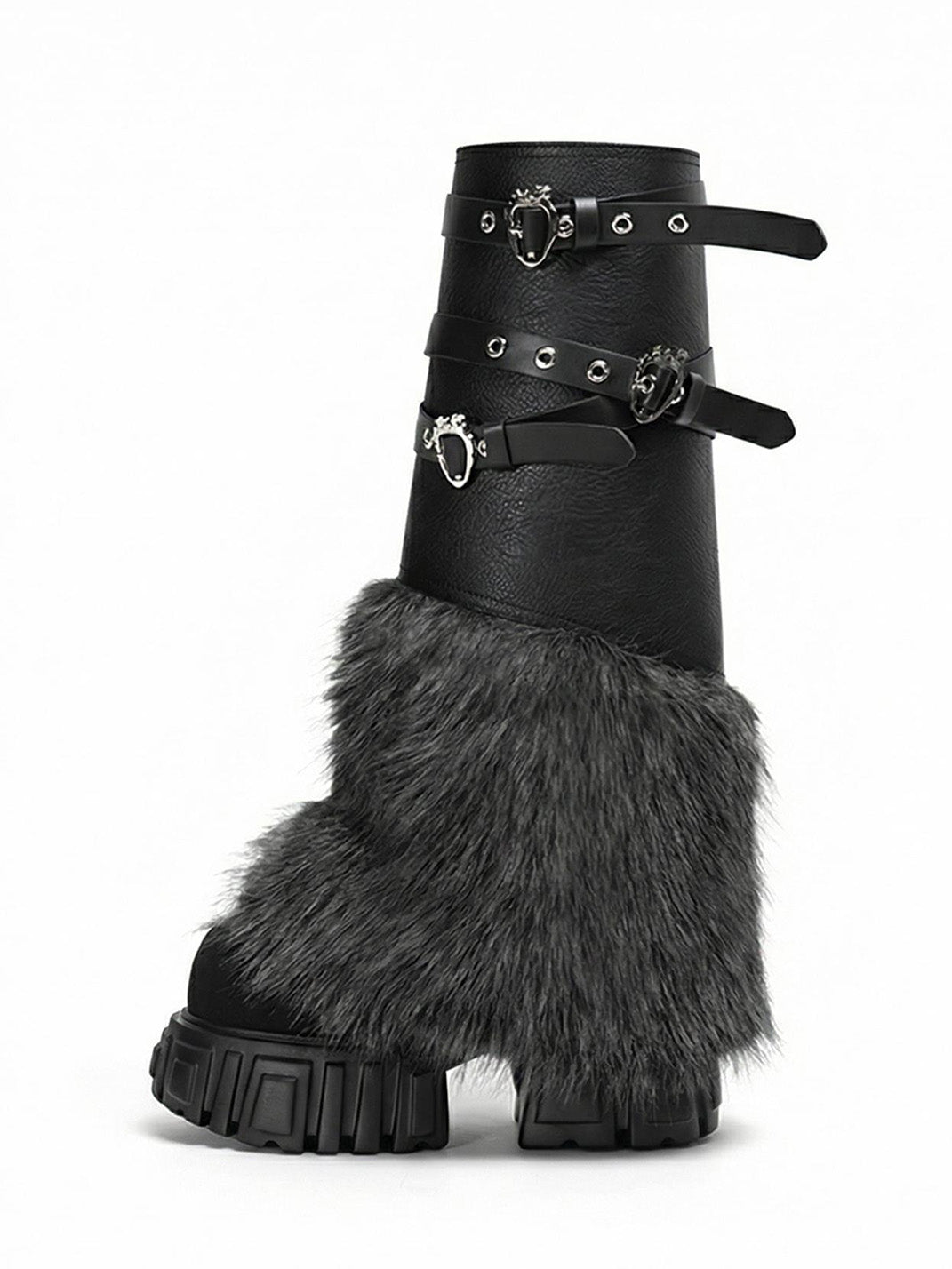 Buckle-Strap Faux-Fur Platform Calf Boots