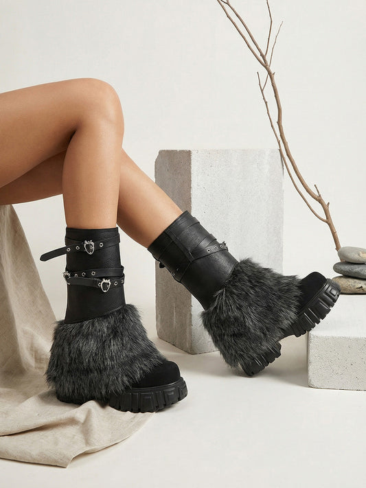 Buckle-Strap Faux-Fur Platform Calf Boots