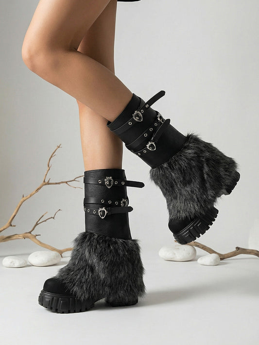 Buckle-Strap Faux-Fur Platform Calf Boots
