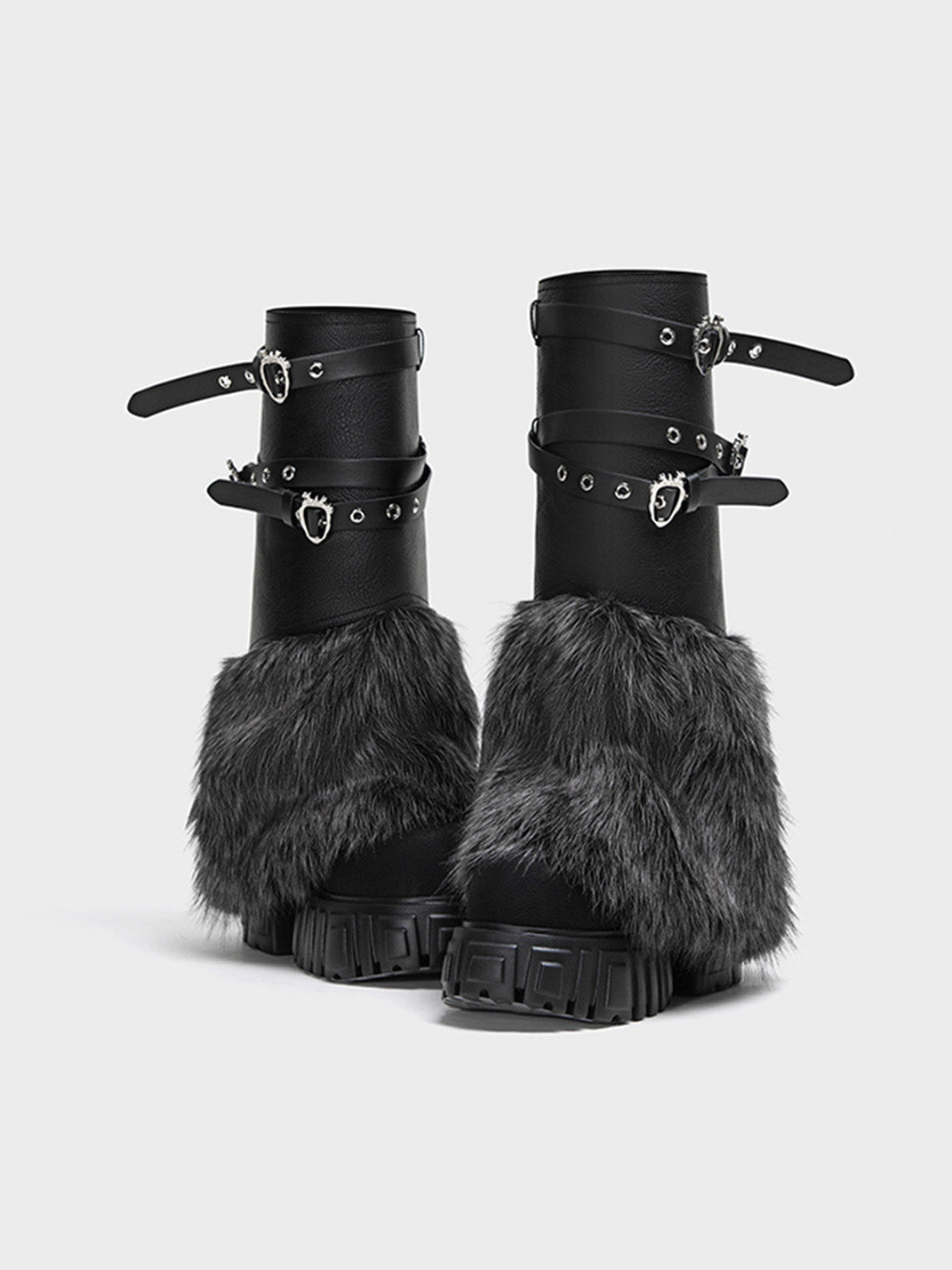 Buckle-Strap Faux-Fur Platform Calf Boots