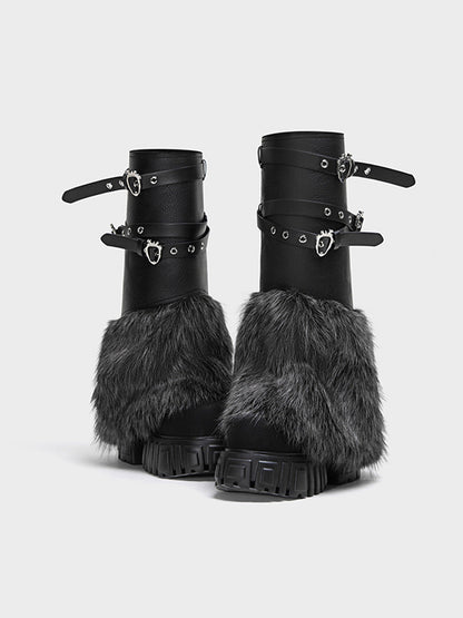 Buckle-Strap Faux-Fur Platform Calf Boots