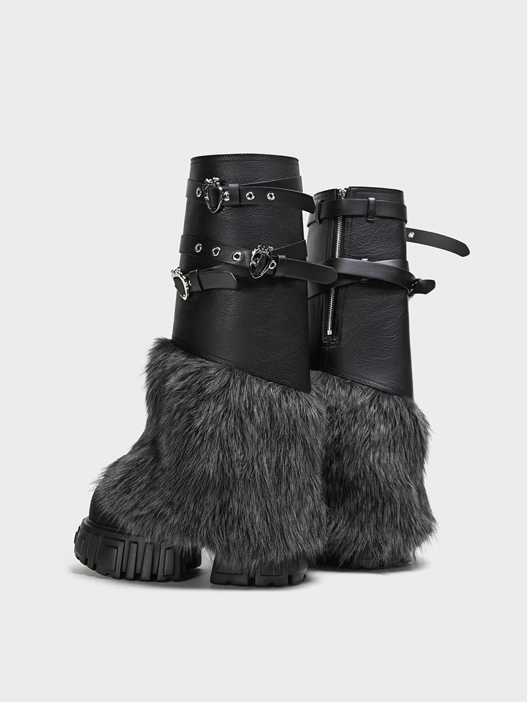 Buckle-Strap Faux-Fur Platform Calf Boots