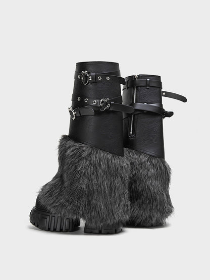 Buckle-Strap Faux-Fur Platform Calf Boots