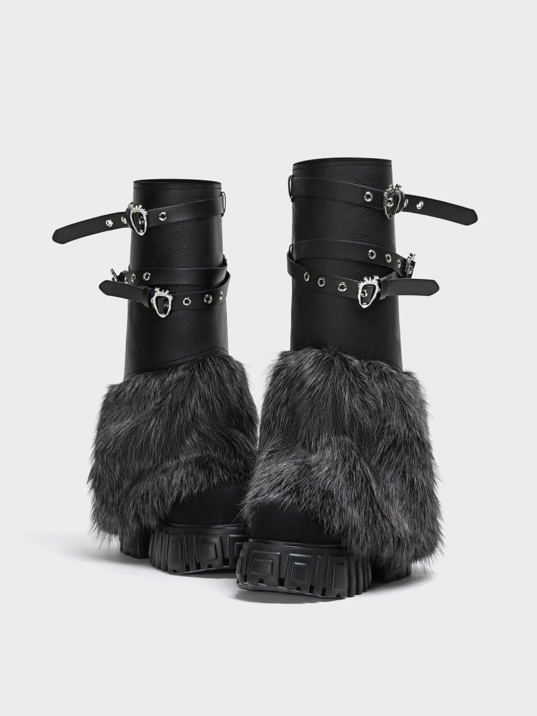 Buckle-Strap Faux-Fur Platform Calf Boots