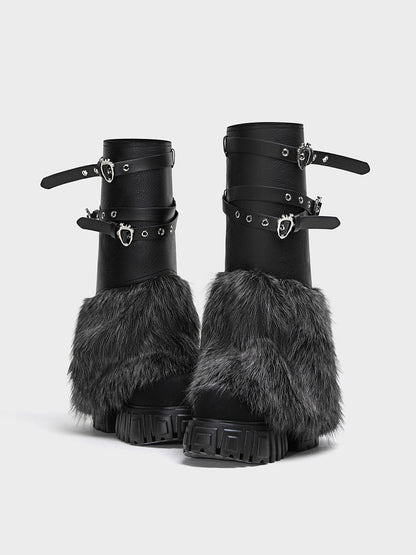 Buckle-Strap Faux-Fur Platform Calf Boots