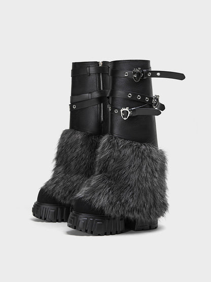 Buckle-Strap Faux-Fur Platform Calf Boots