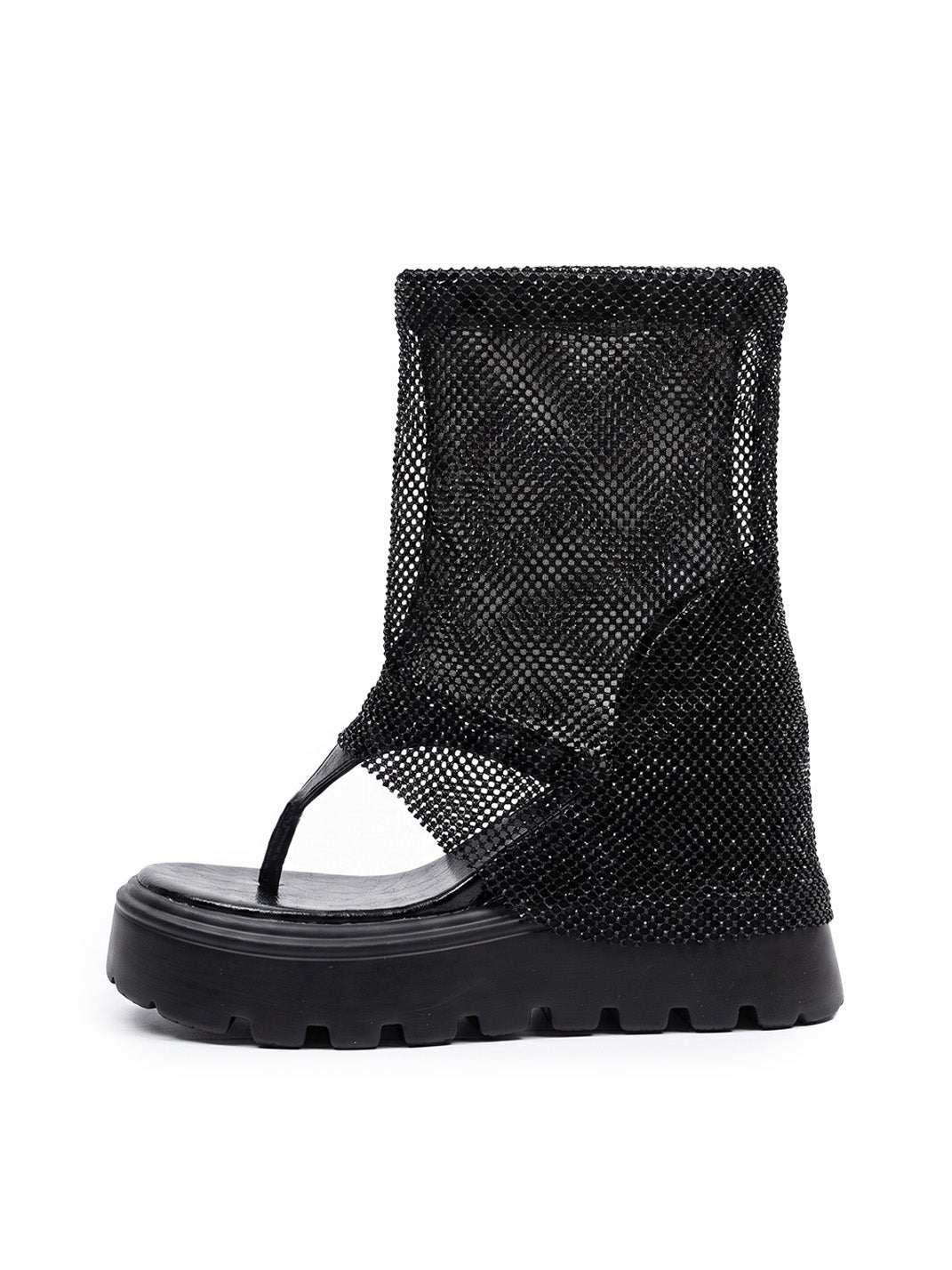 Rhinestone Mesh Platform Knee-High Sandal Boots
