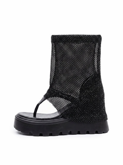 Rhinestone Mesh Platform Knee-High Sandal Boots