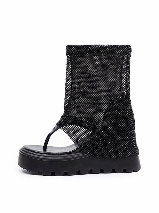 Rhinestone Mesh Platform Knee-High Sandal Boots
