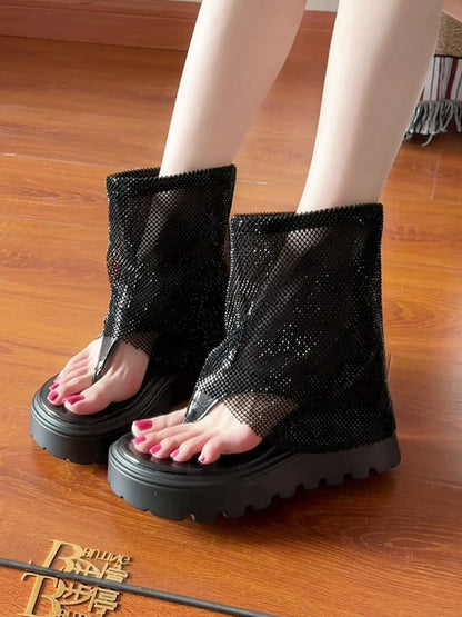 Rhinestone Mesh Platform Knee-High Sandal Boots