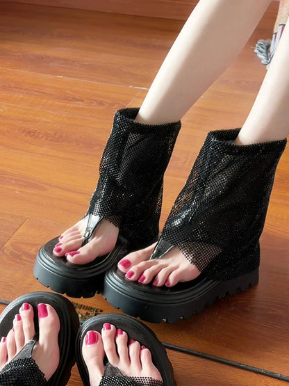 Rhinestone Mesh Platform Knee-High Sandal Boots
