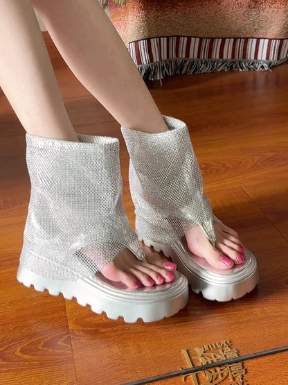 Rhinestone Mesh Platform Knee-High Sandal Boots