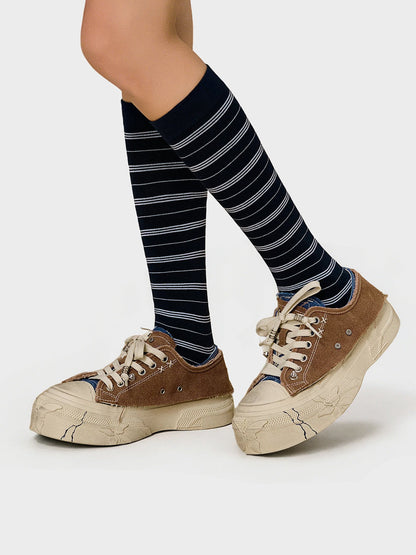 Blue Brown Colorblock Distressed Platform Sneakers