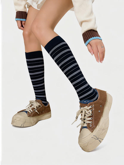 Blue Brown Colorblock Distressed Platform Sneakers