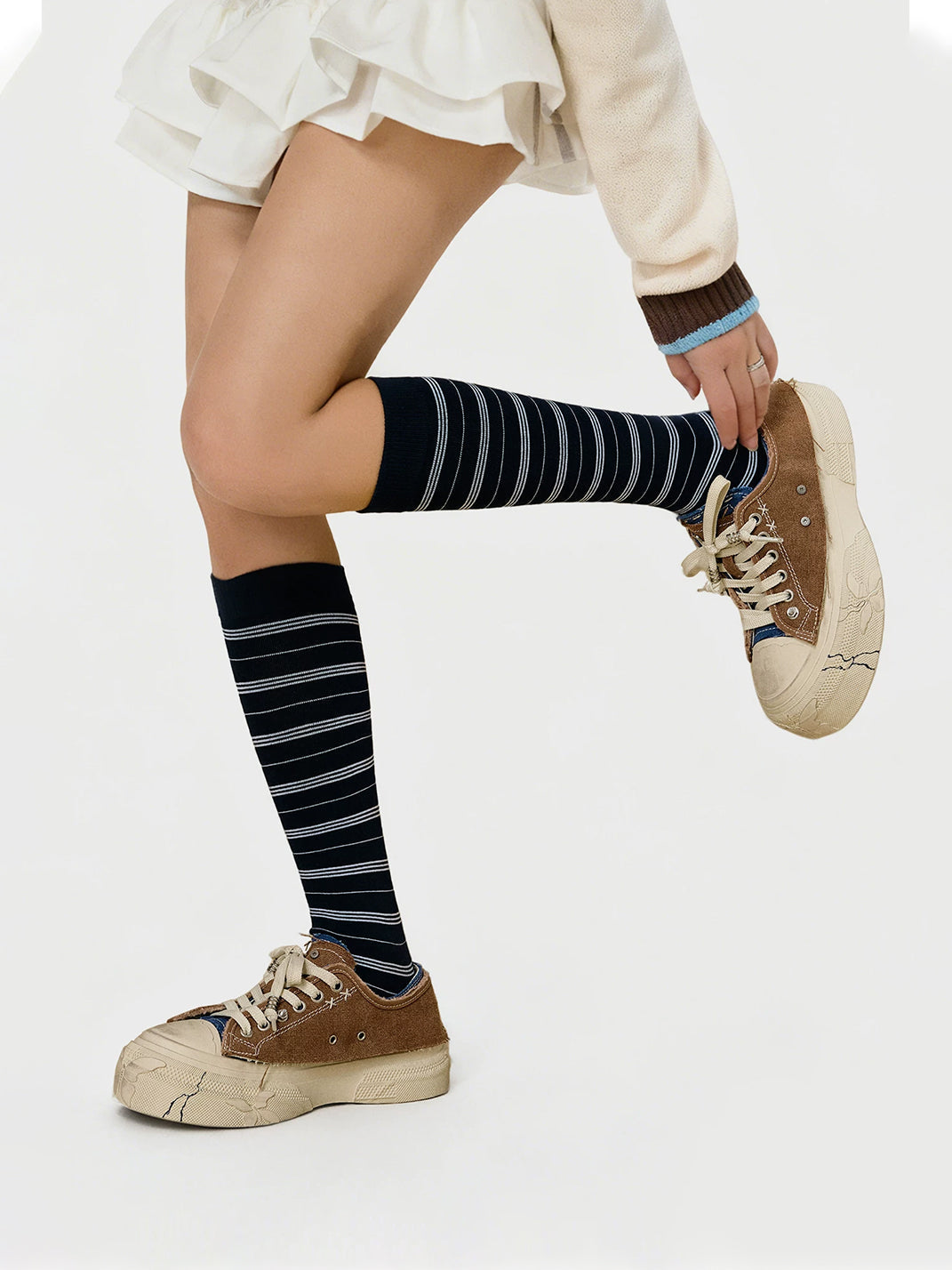 Blue Brown Colorblock Distressed Platform Sneakers