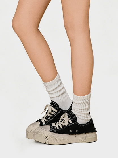 Black Distressed-Wash Platform Canvas Sneakers