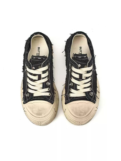 Black Distressed-Wash Platform Canvas Sneakers