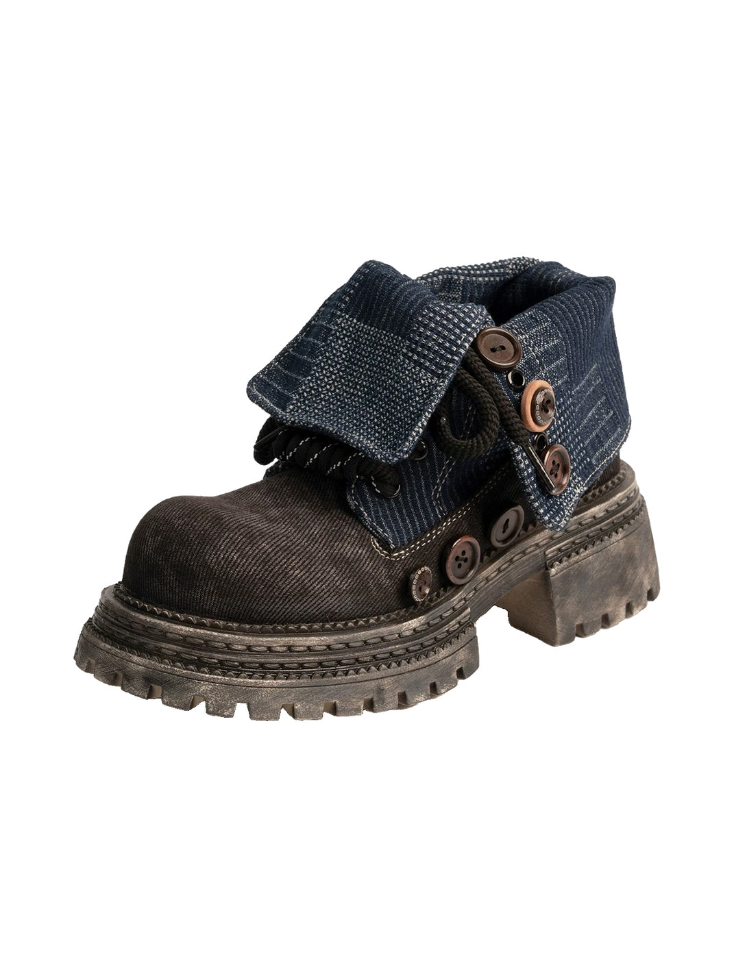 Button-Cuff Denim Platform Ankle Boots